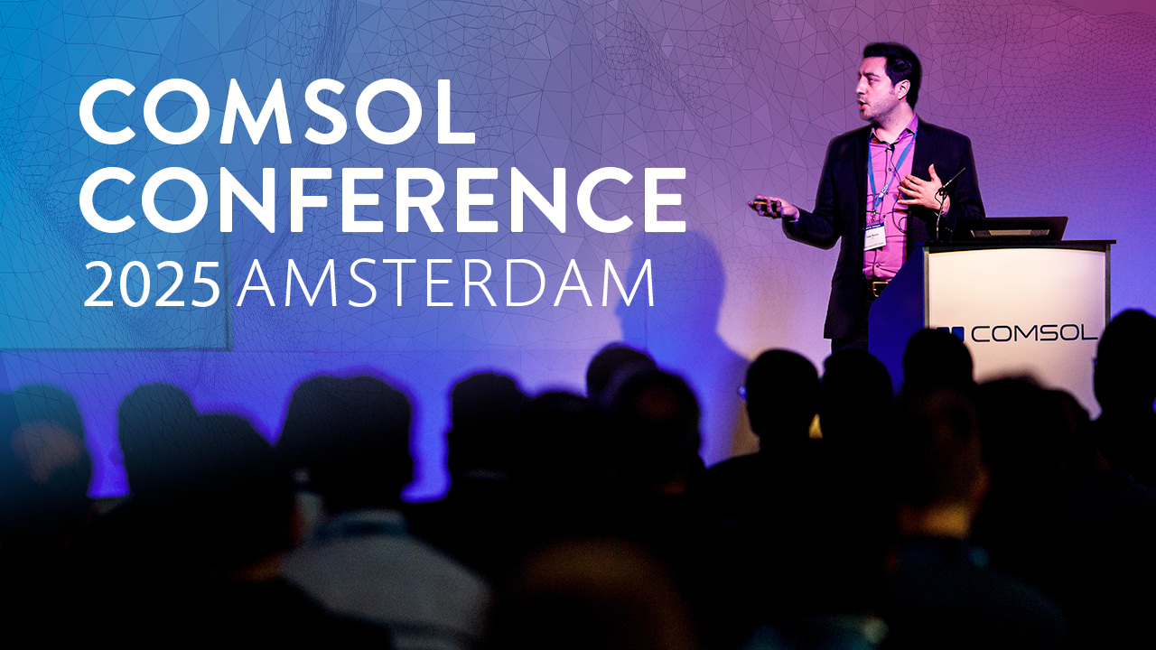 An advertisement for the COMSOL Conference 2025 Amsterdam showing one presenter on stage.